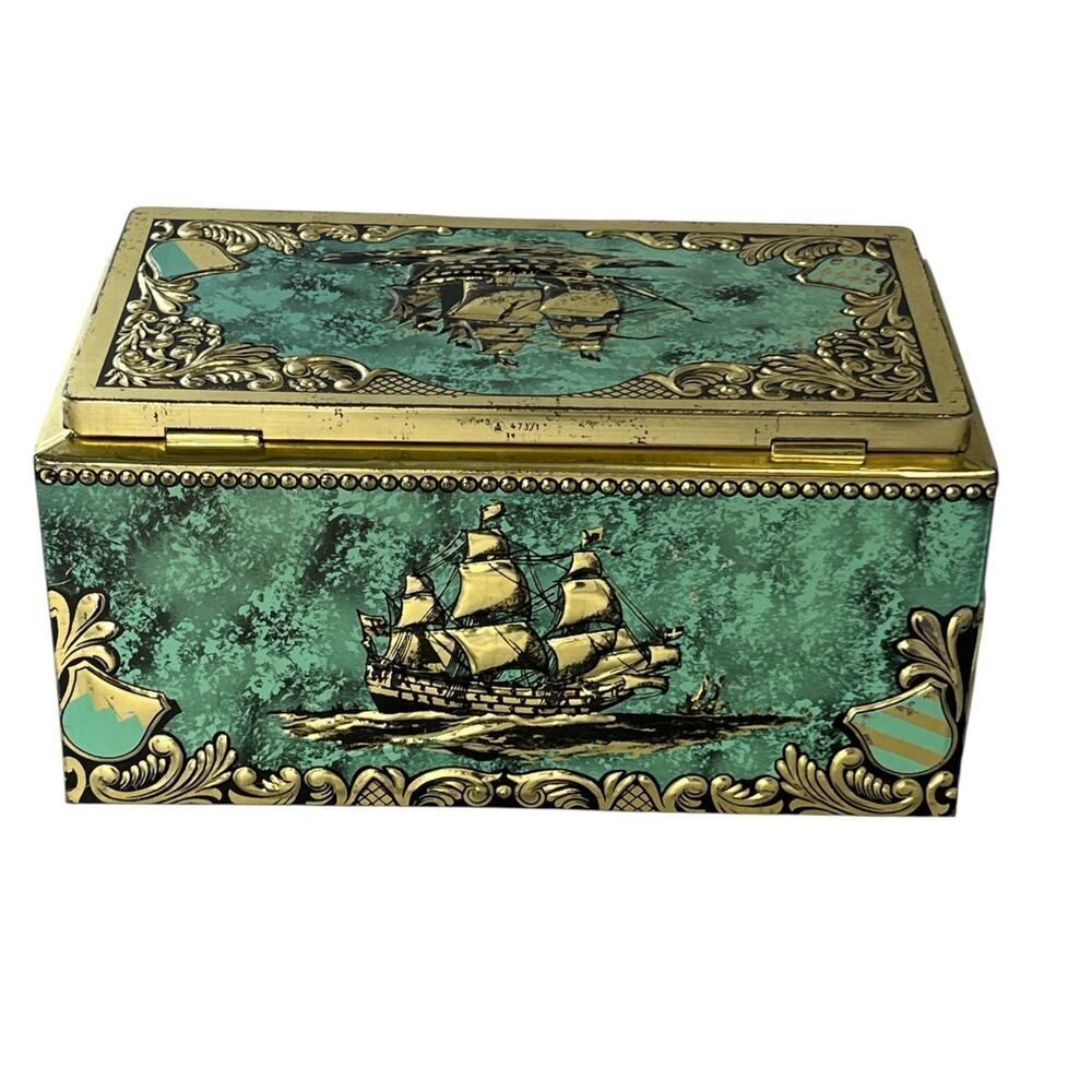 Vintage Tin Cigar Container Made In West Germany Ship Motif Green Teal Gold 8"L - Picture 3 of 7